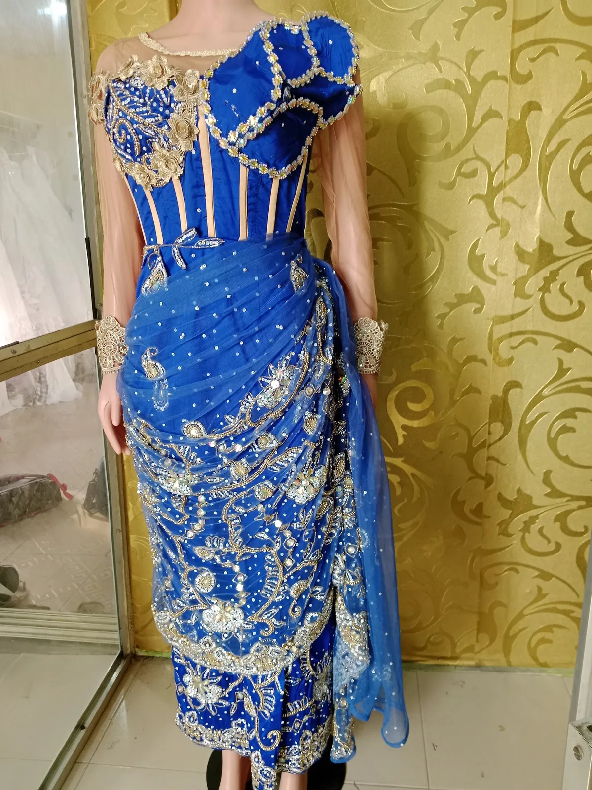 Bespoke royal blue beaded corset gown