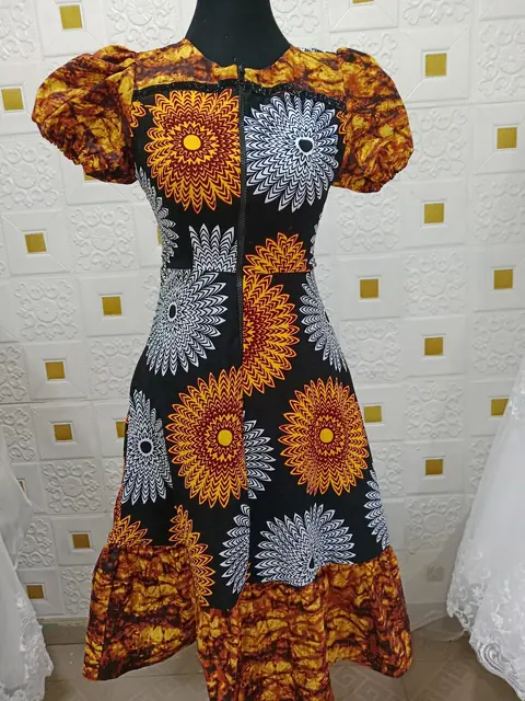 Ankara dress with puff sleeves and flared hem